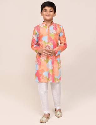 Kids boy multicolour linen cotton straight kurta pant set 2