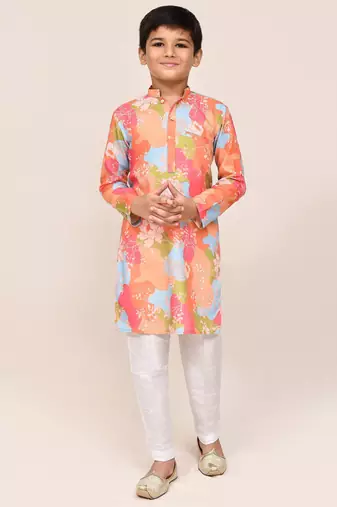 Kids boy multicolour linen cotton  straight kurta pant set