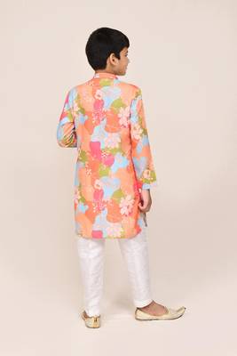 Kids boy multicolour linen cotton straight kurta pant set 3