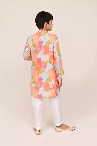 Kids boy multicolour linen cotton  straight kurta pant set