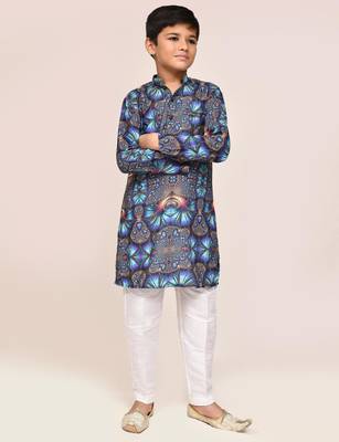 Kids boy blue cotton silk blend straight kurta pant set 1