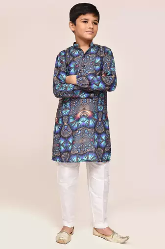 Kids boy blue cotton silk  straight kurta pant set