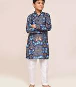 Kids boy blue cotton silk  straight kurta pant set