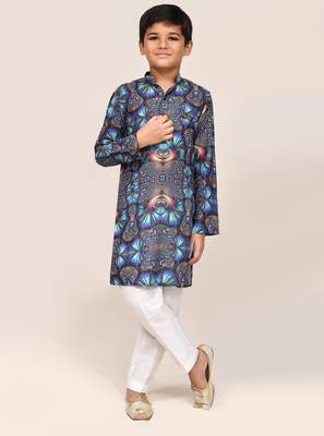 Kids boy blue cotton silk blend straight kurta pant set 2