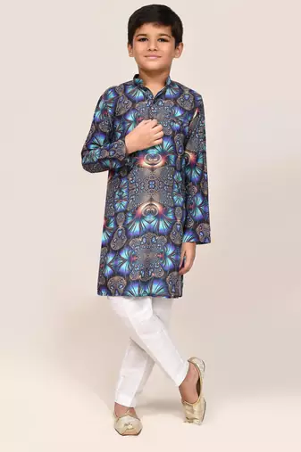 Kids boy blue cotton silk blend straight kurta pant set