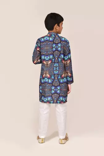 Kids boy blue cotton silk blend straight kurta pant set