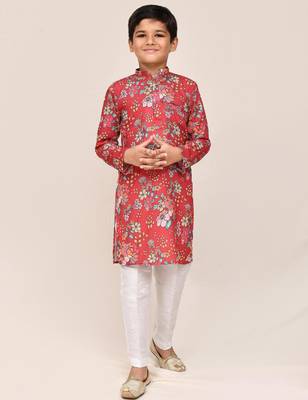 Kids boy red cotton silk blend straight kurta pant set 1