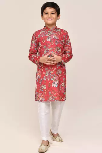 Kids boy red cotton silk  straight kurta pant set