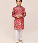 Kids boy red cotton silk  straight kurta pant set