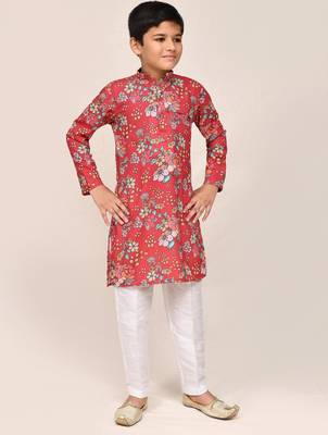 Kids boy red cotton silk blend straight kurta pant set 2