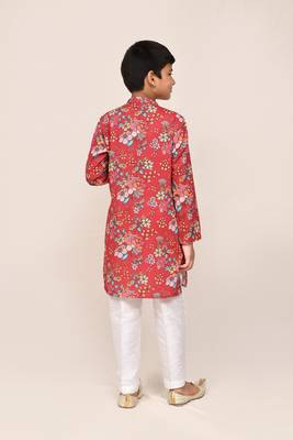 Kids boy red cotton silk blend straight kurta pant set 3