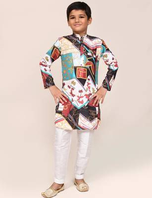 Kids boy multicolour cotton silk blend straight kurta pant set 1