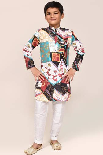 Kids boy multicolour cotton silk  straight kurta pant set