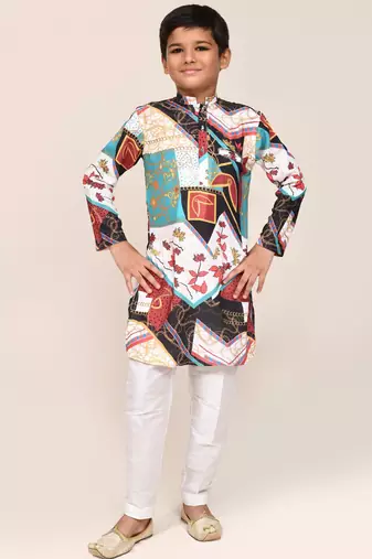 Kids boy multicolour cotton silk  straight kurta pant set