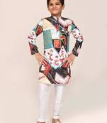 Kids boy multicolour cotton silk  straight kurta pant set