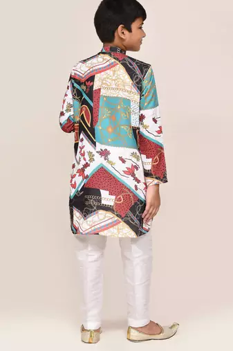 Kids boy multicolour cotton silk blend straight kurta pant set