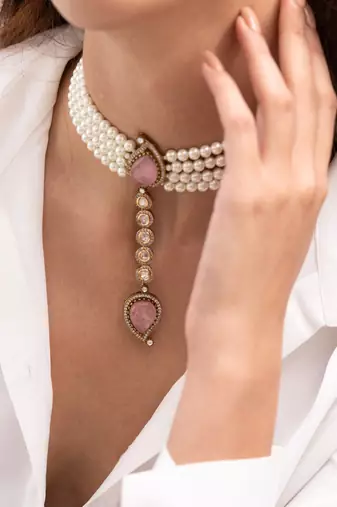 Gold plated pink stone pearl necklace set