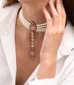 Gold plated pink stone pearl necklace set