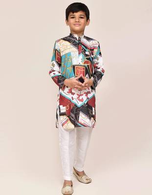 Kids boy multicolour cotton silk blend straight kurta pant set 3