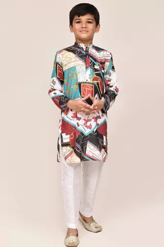 Kids boy multicolour cotton silk blend straight kurta pant set