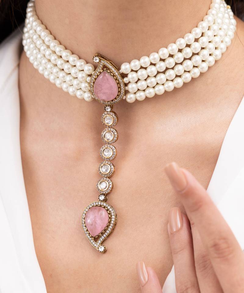Gold plated pink stone pearl necklace set