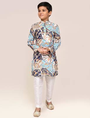 Kids boy multicolor cotton silk blend straight kurta pant set 1