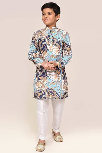 Kids boy multicolor cotton silk straight kurta pant set