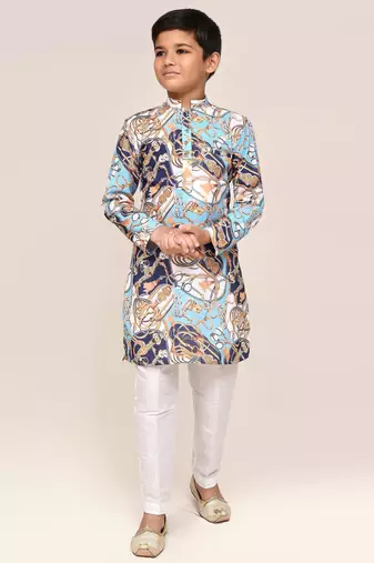 Kids boy multicolor cotton silk straight kurta pant set