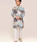 Kids boy multicolor cotton silk straight kurta pant set