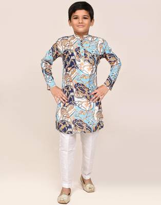 Kids boy multicolor cotton silk blend straight kurta pant set 3