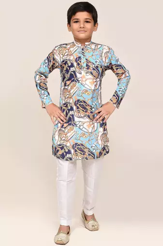 Kids boy multicolor cotton silk blend straight kurta pant set