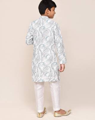 Kids boy white cotton based full embriodered work straight kurta pant set 2
