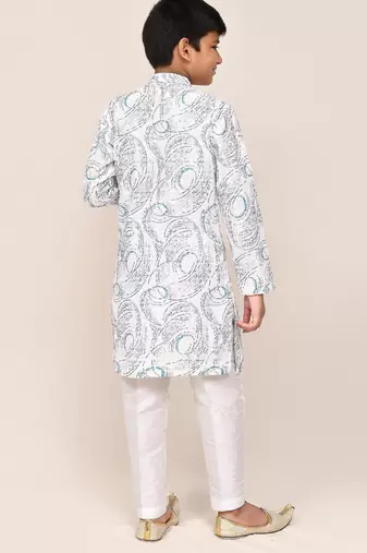 Kids boy white cotton based full embriodered work straight kurta pant set