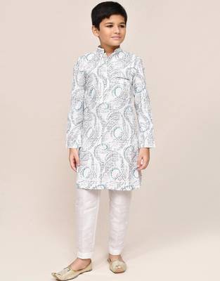 Kids boy white cotton based full embriodered work straight kurta pant set 3