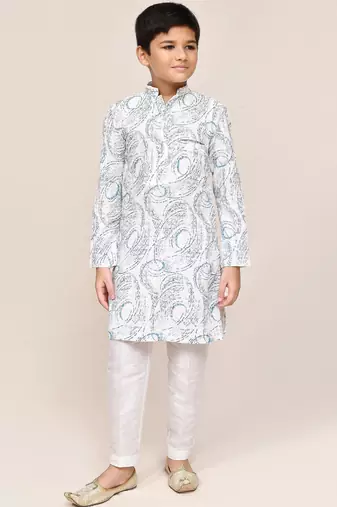 Kids boy white cotton based full embriodered work straight kurta pant set