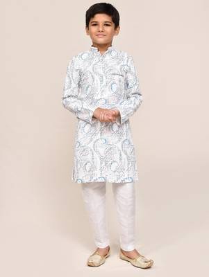 Kids boy white cotton based full embriodered work straight kurta pant set 1