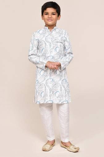 Kids boy white cotton based full embriodered work straight kurta pant set