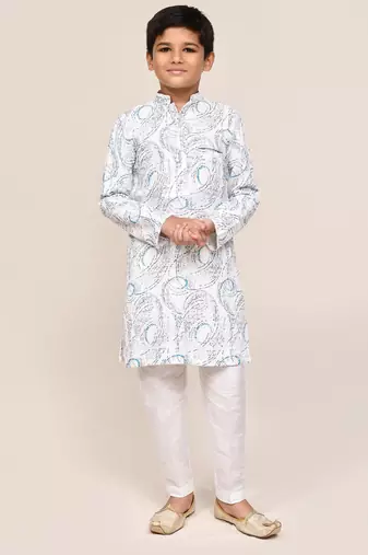 Kids boy white cotton based full embriodered work straight kurta pant set