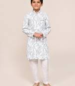 Kids boy white cotton based full embriodered work straight kurta pant set
