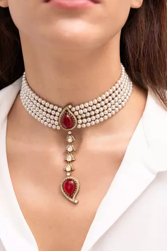 Gold plated red stone kundan choker necklace