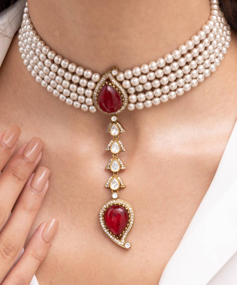 Gold plated red stone kundan choker necklace