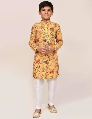 Kids boy yellow linen cotton straight kurta pant set 1