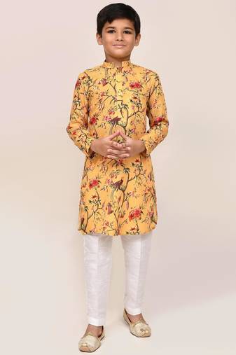 Kids boy yellow linen cotton  straight kurta pant set
