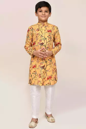 Kids boy yellow linen cotton  straight kurta pant set