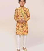 Kids boy yellow linen cotton  straight kurta pant set