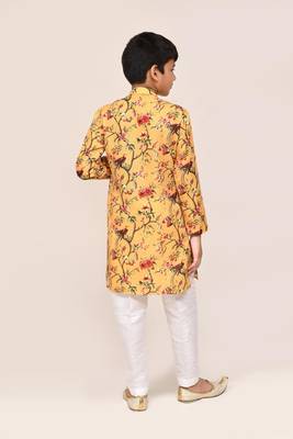 Kids boy yellow linen cotton straight kurta pant set 2