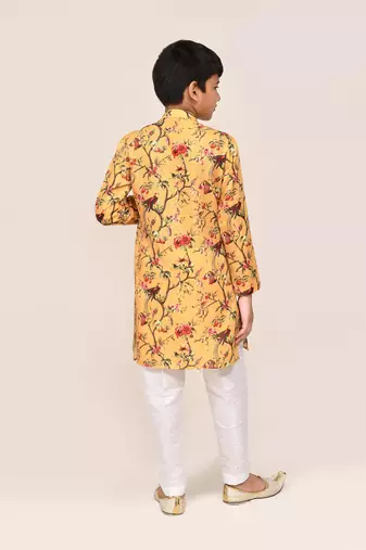 Kids boy yellow linen cotton  straight kurta pant set