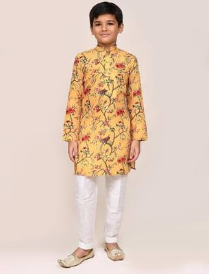 Kids boy yellow linen cotton straight kurta pant set 3