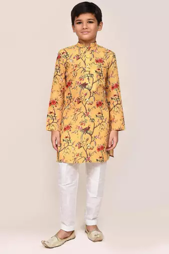 Kids boy yellow linen cotton  straight kurta pant set