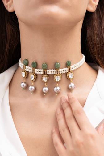 Gold plated green stone choker necklace